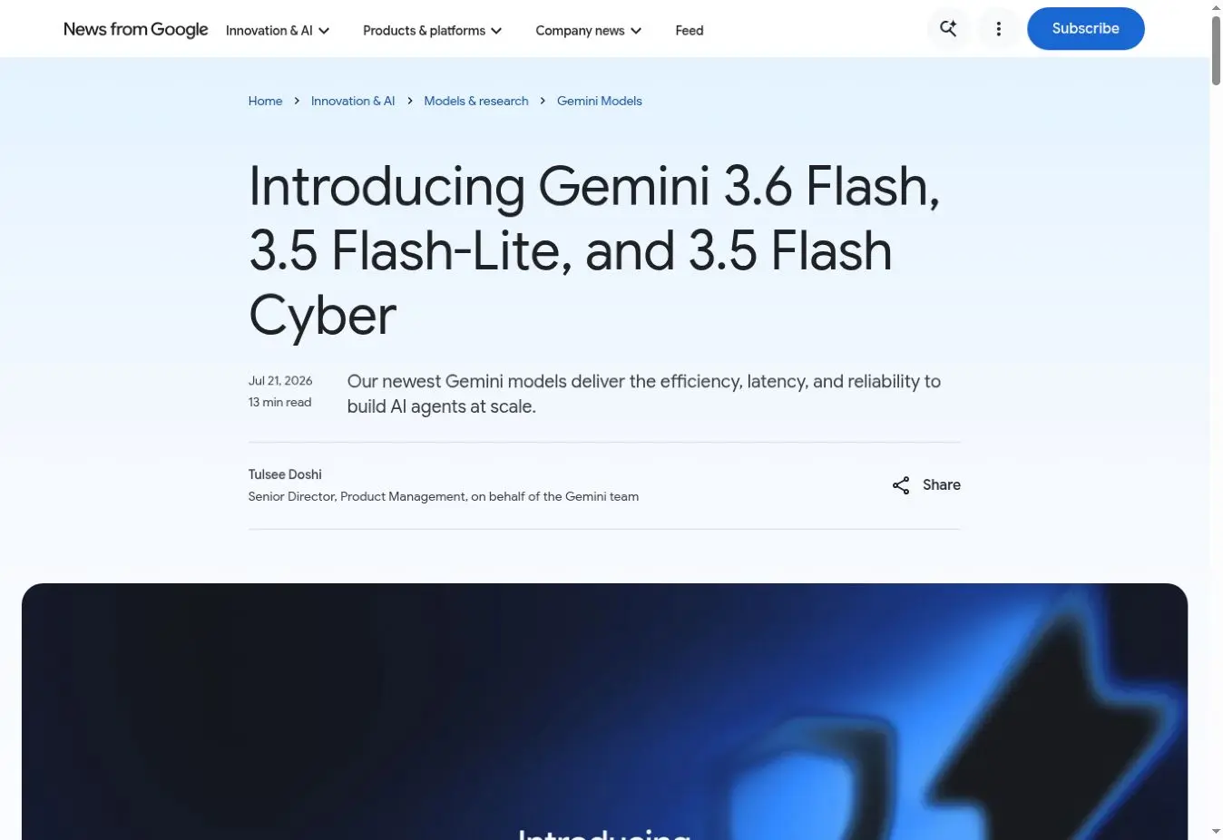 Annonce Google du 21 juillet 2026 présentant Gemini 3.6 Flash et Gemini 3.5 Flash-Lite