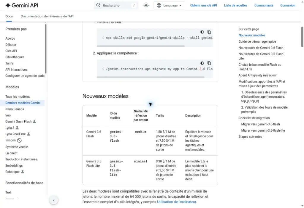 Documentation Gemini API indiquant les identifiants et prix de Gemini 3.6 Flash et 3.5 Flash-Lite