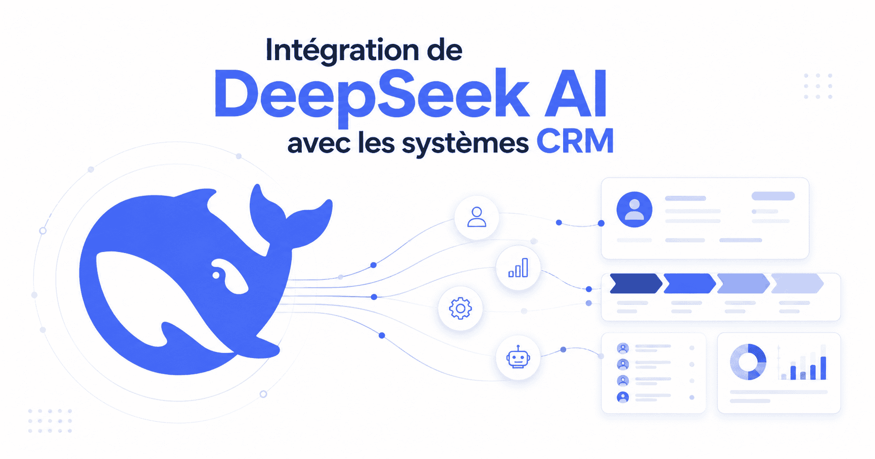 Illustration de l’intégration de DeepSeek AI avec les systèmes CRM, avec le logo DeepSeek connecté à des fiches clients, pipelines et tableaux de bord CRM