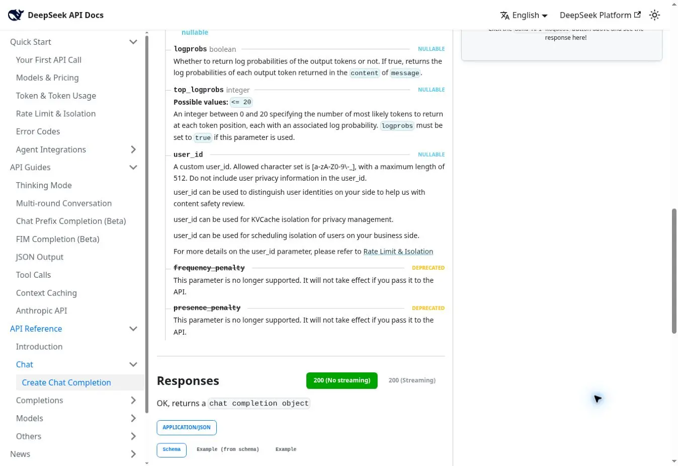 Référence officielle DeepSeek indiquant que frequency_penalty et presence_penalty sont deprecated et sans effet