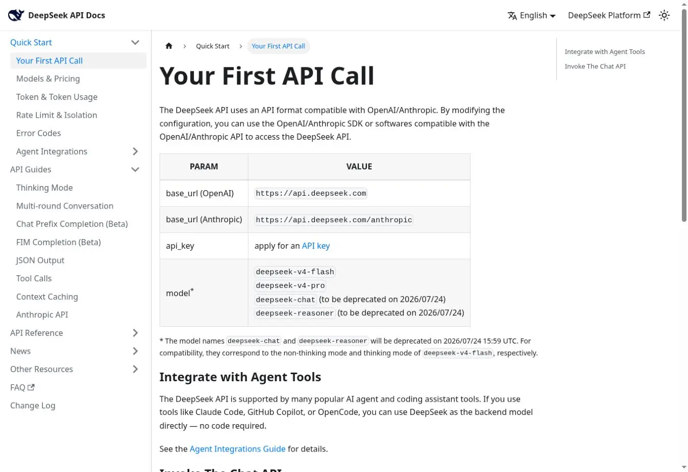Quick Start officiel DeepSeek montrant les URL de base et les modèles V4 Flash et Pro
