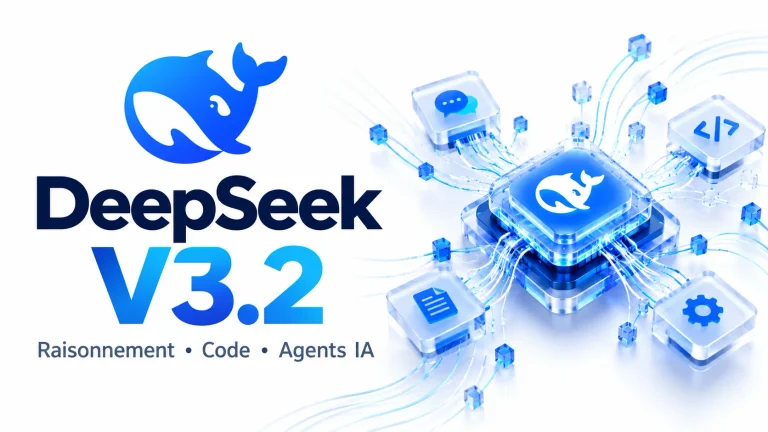 Illustration de DeepSeek V3.2 mettant en avant le raisonnement, la programmation et les agents IA.