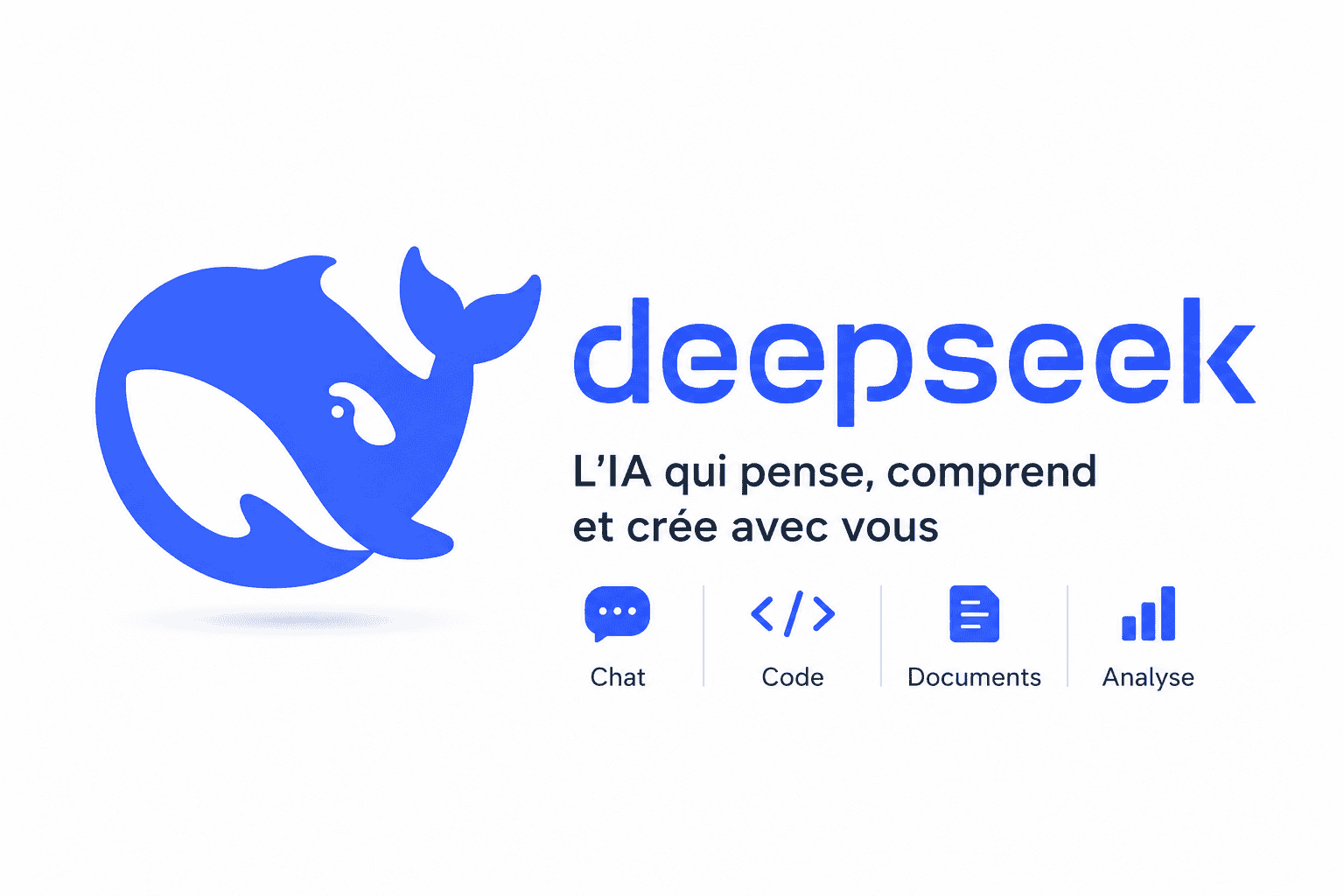 Logo DeepSeek avec ses usages en chat, code, documents et analyse