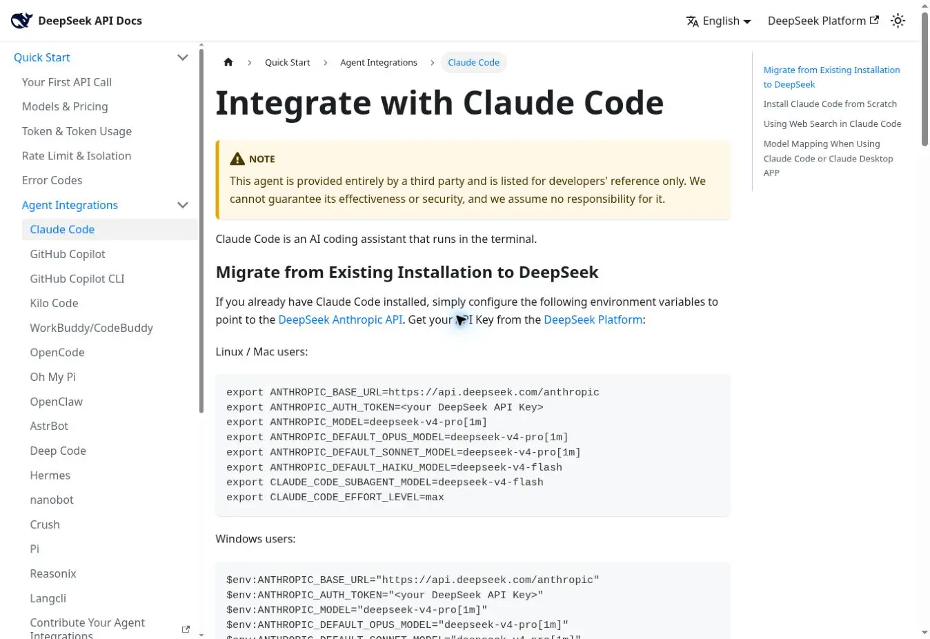 Documentation officielle DeepSeek pour configurer Claude Code avec l’API Anthropic compatible