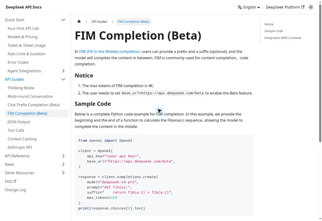 Documentation officielle DeepSeek FIM Completion Beta avec limite de 4K et exemple Python