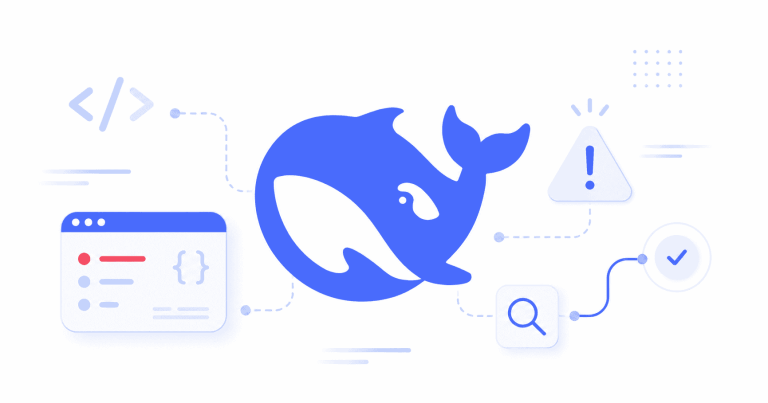 Logo DeepSeek avec icônes de code, alerte et diagnostic pour corriger les erreurs API 400, 401, 402, 429, 500 et 503