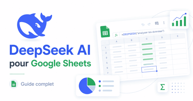 DeepSeek AI pour Google Sheets avec logo DeepSeek, feuille de calcul, formule IA et graphiques de données