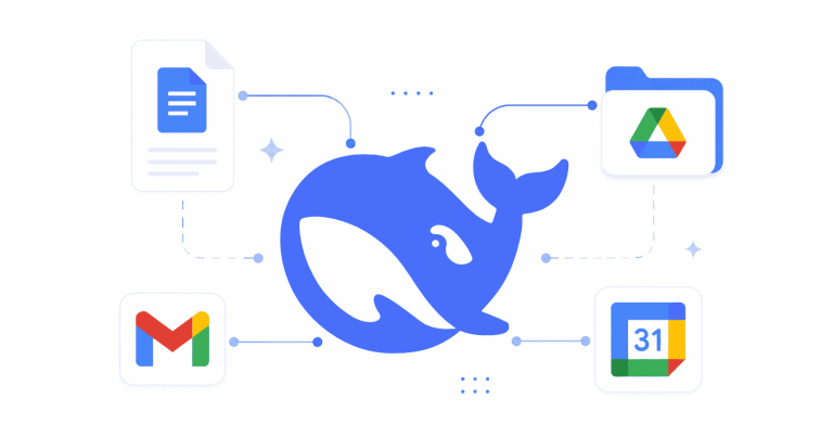 Logo DeepSeek connecté à Google Docs, Drive, Gmail et Calendar pour des workflows IA Google Workspace