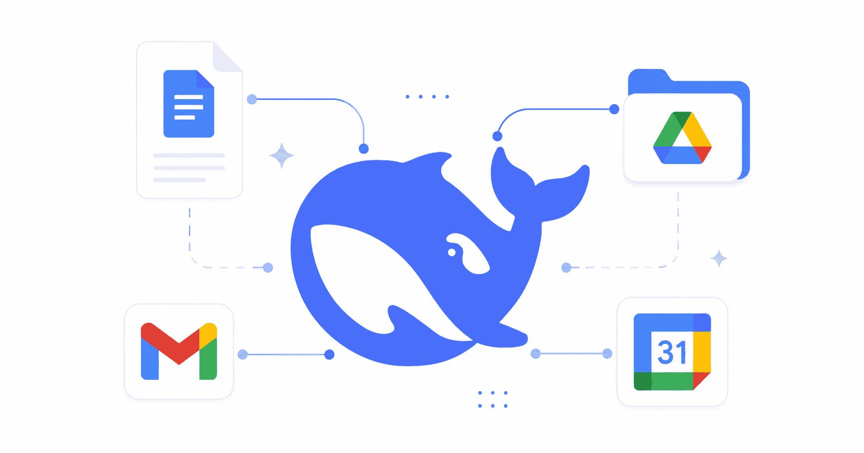 Logo DeepSeek connecté à Google Docs, Drive, Gmail et Calendar pour des workflows IA Google Workspace