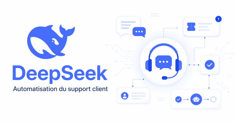 DeepSeek pour l’automatisation du support client avec chatbot IA, tickets et casque de support sur fond blanc