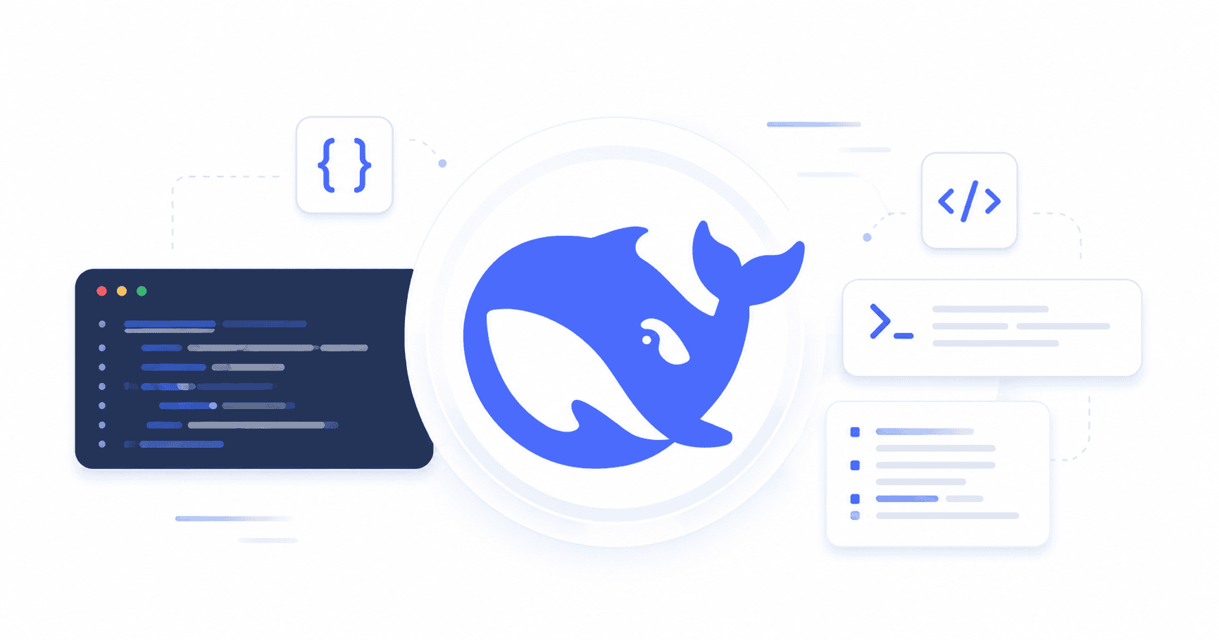 Logo DeepSeek bleu avec fenêtres de code, éléments d’API et interface développeur sur fond blanc