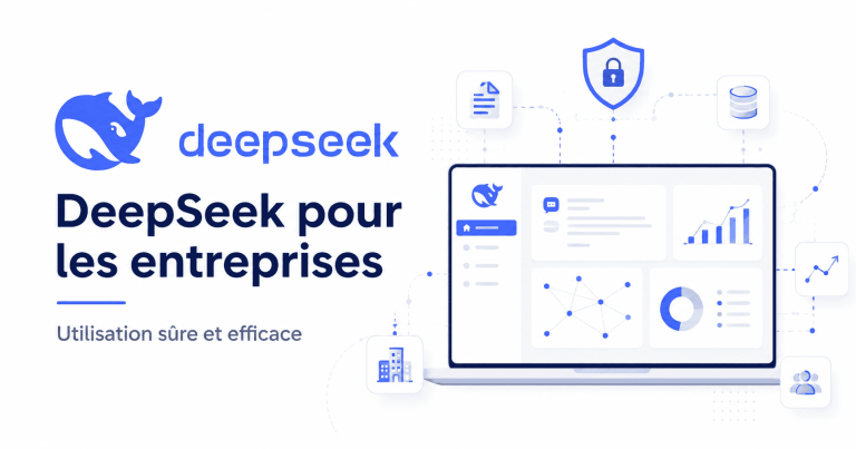 DeepSeek pour les entreprises avec logo officiel, tableau de bord IA et sécurité des données
