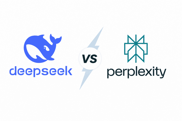 Comparatif DeepSeek vs Perplexity avec les logos officiels sur fond blanc