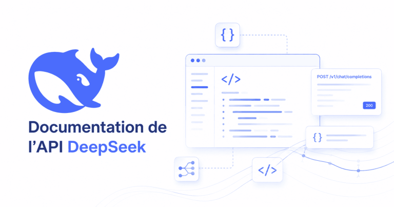 Logo DeepSeek avec interface de documentation API, exemples de code et requête POST pour un guide développeur