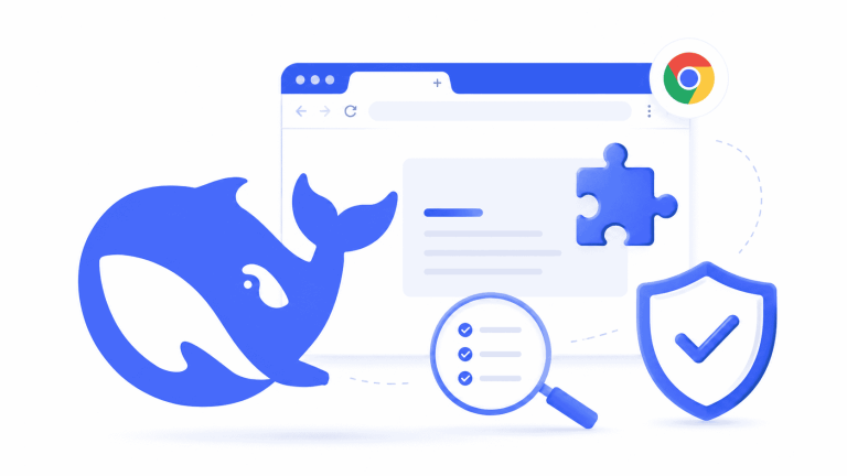 Logo DeepSeek devant une fenêtre Chrome avec un bouclier de sécurité
