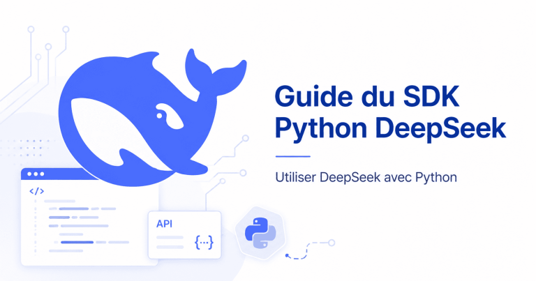 Logo DeepSeek avec interface de code et symbole Python pour le guide du SDK Python DeepSeek