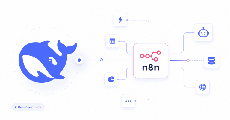 Illustration de l’intégration de DeepSeek dans n8n avec un workflow d’automatisation IA connecté