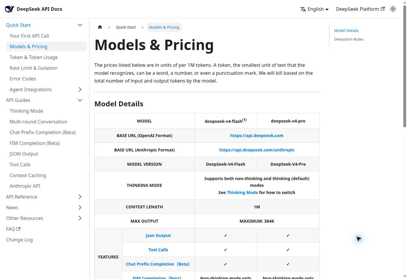 Documentation officielle DeepSeek présentant V4 Flash, V4 Pro, les URL de base, Thinking et la fenêtre de contexte