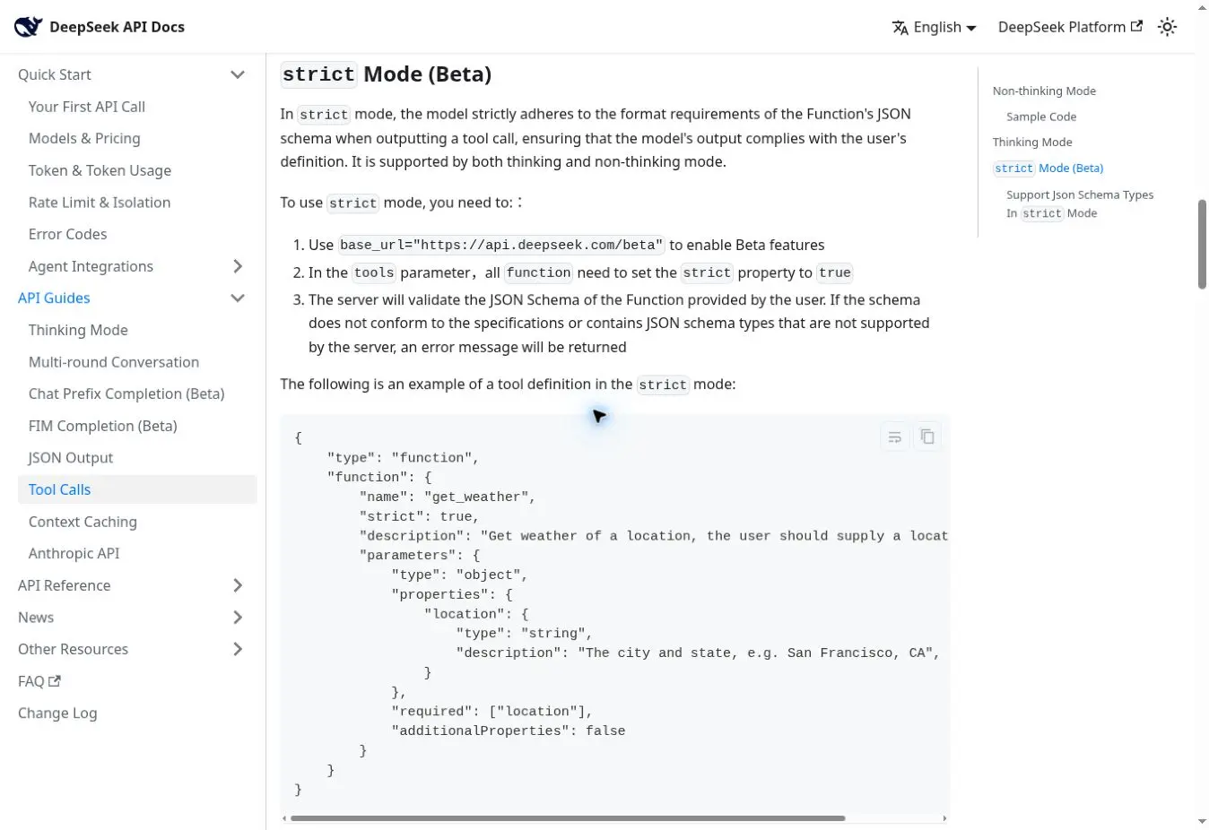 Documentation officielle DeepSeek du strict mode bêta et de ses exigences JSON Schema