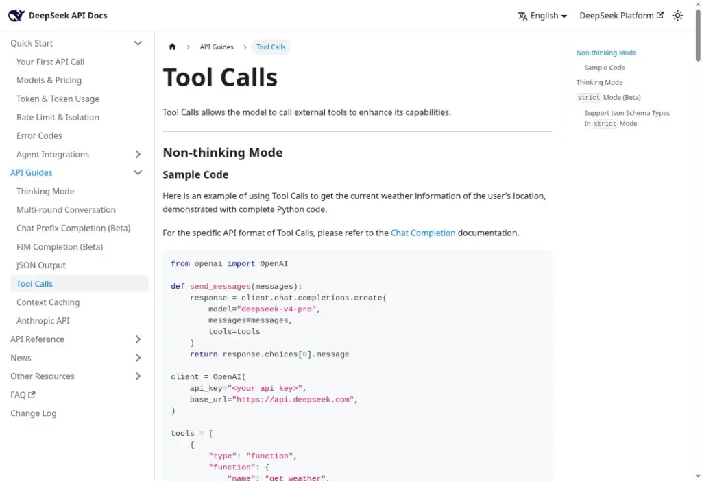 Documentation officielle DeepSeek Tool Calls avec un exemple Python en mode non-thinking